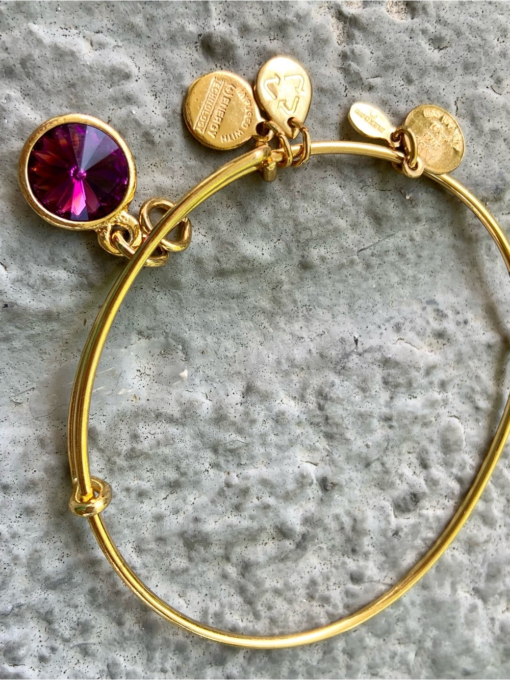 Alex and Ani Gold Bangle Bracelet with Purple Crystal Charm